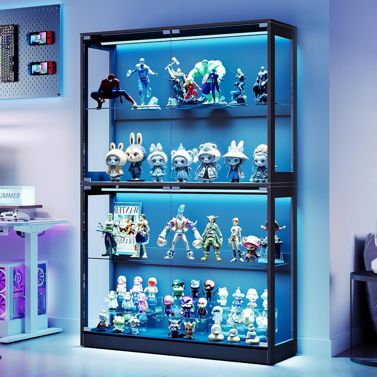 AMERLIFE RGB Display Cabinet with Adjustable Glass Shelves, 4-Tier Storage Case with LED Lights & Press-to-Open Doors, Modern Display Shelf for Collectibles, Black 70 H×45 L×16 D