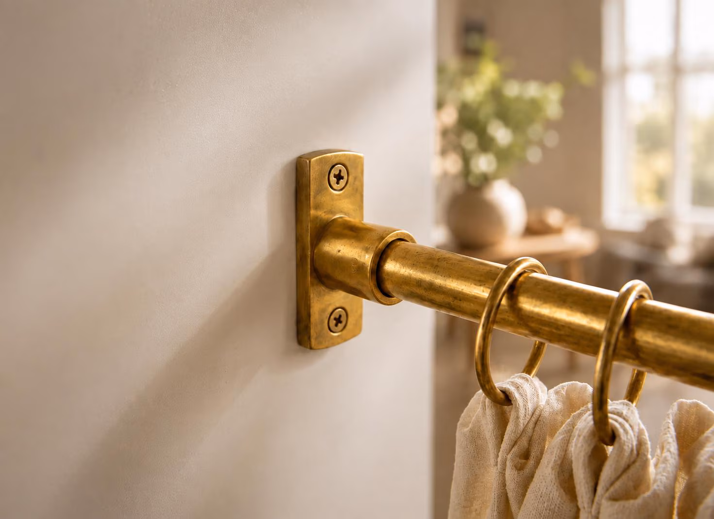 20mm Unlacquered Brass Cafe Curtain Rod Inside Mount, Solid Brass Window Rod with Rings, Brass Kitchen Curtain Pole