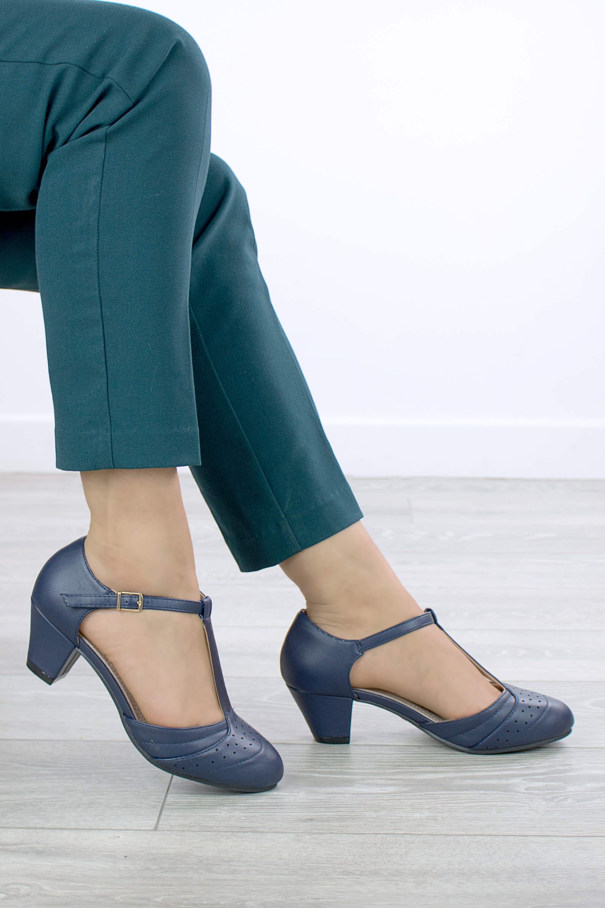 AJVANI Mid Block Heel T-Bar Comfort Brogue Court Shoes