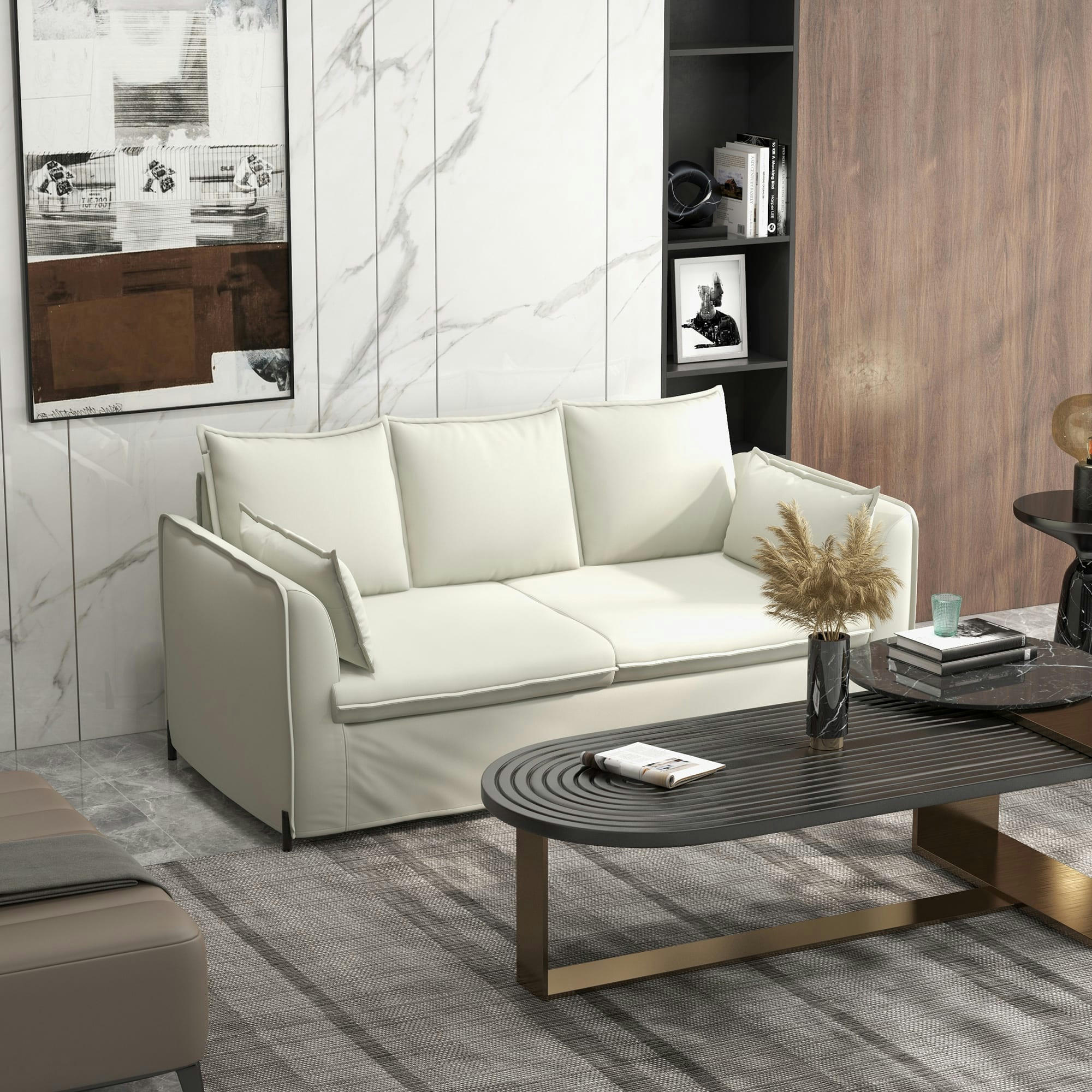 - Canapé 3 places design contemporain acier noir tissu aspect lin crème