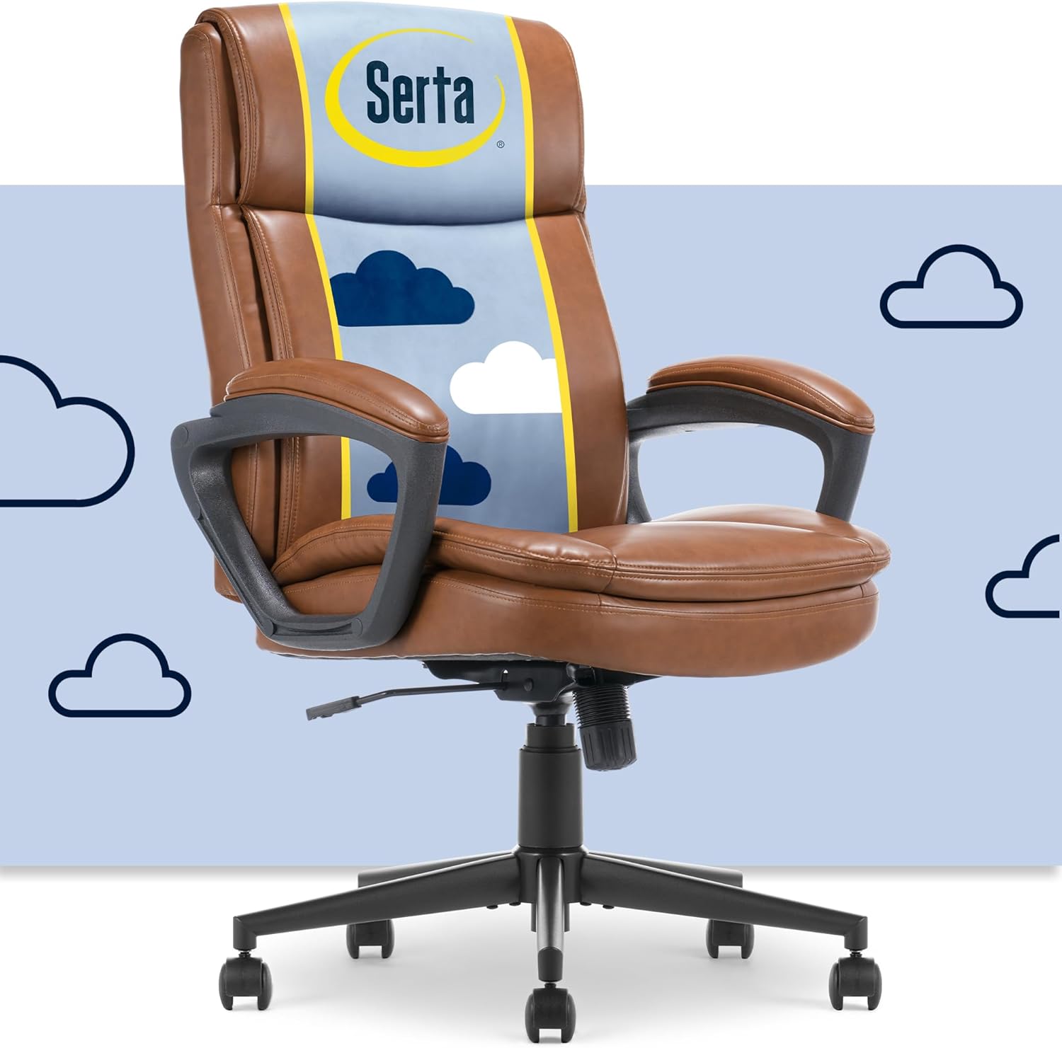 Serta Comfort Ergo Executive Office Chair, Ergonomic Mid-Back Design with Lumbar Support, Semi-Plush Double-Layer Seat Cushion, Padded Armrests, Swivel Metal Base, Bonded Leather, Cognac
