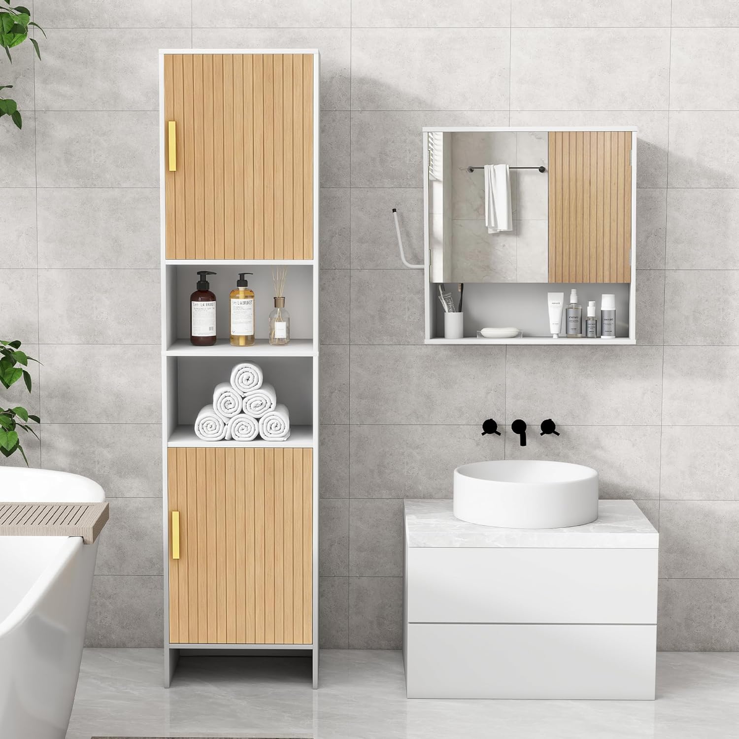 Tall Storage Cabinet, 13.15 Inch Narrow Bathroom Cabinet with USB Magnetic Light, Open Shelf, Magnetic Doors, 2 Adjustable Shelves, Anti-Tip Kit for Small Spaces, Living Room, White, 57.1 H