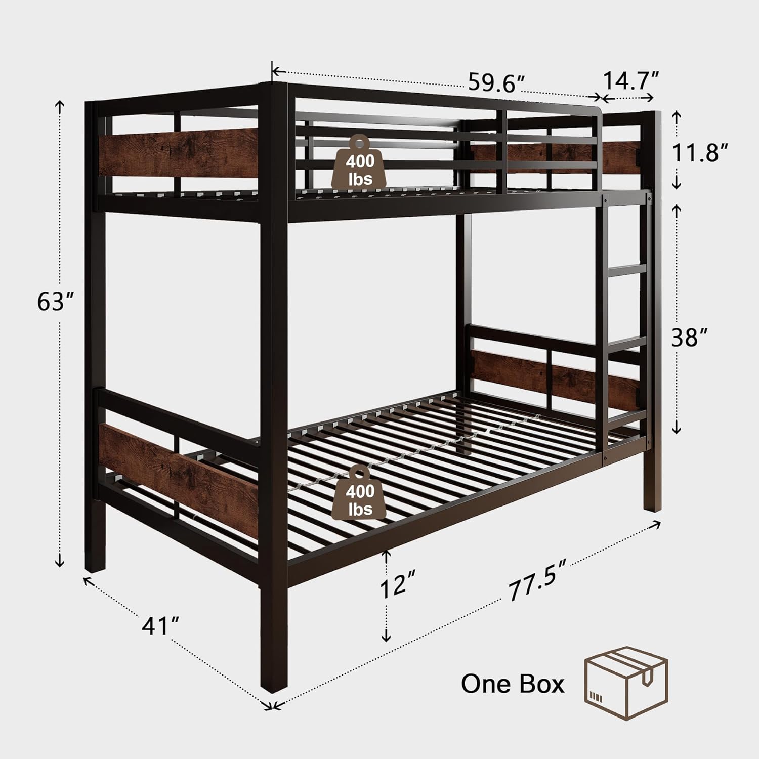 iPormis Metal Bunk Bed Twin Over Twin, HeHeavy Duty Bunk with High Guardrail and Safety Entrance Design, Under-Bed Storage Space, No Box Spring Needed, Noise Free, Vintage Brown