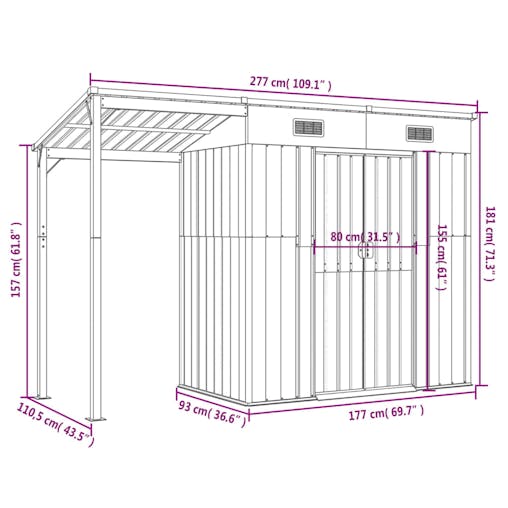 NNEVL Garden Shed with Extended Roof Brown 277x110.5x181 cm Steel