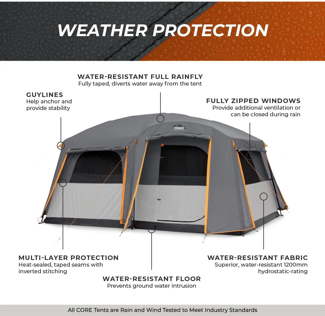CORE Straight Wall Cabin Tents | 10 Person / 11 Person / 12 Person Large Multi Room Family Tents for Car Camping  Outdoor Adventures(10 Person With Full Rainfly)