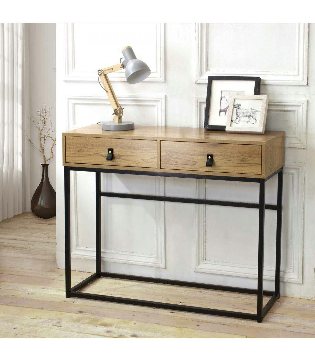 JILL - Console 2 Tiroirs Pieds Métal Effet Chêne - JILL