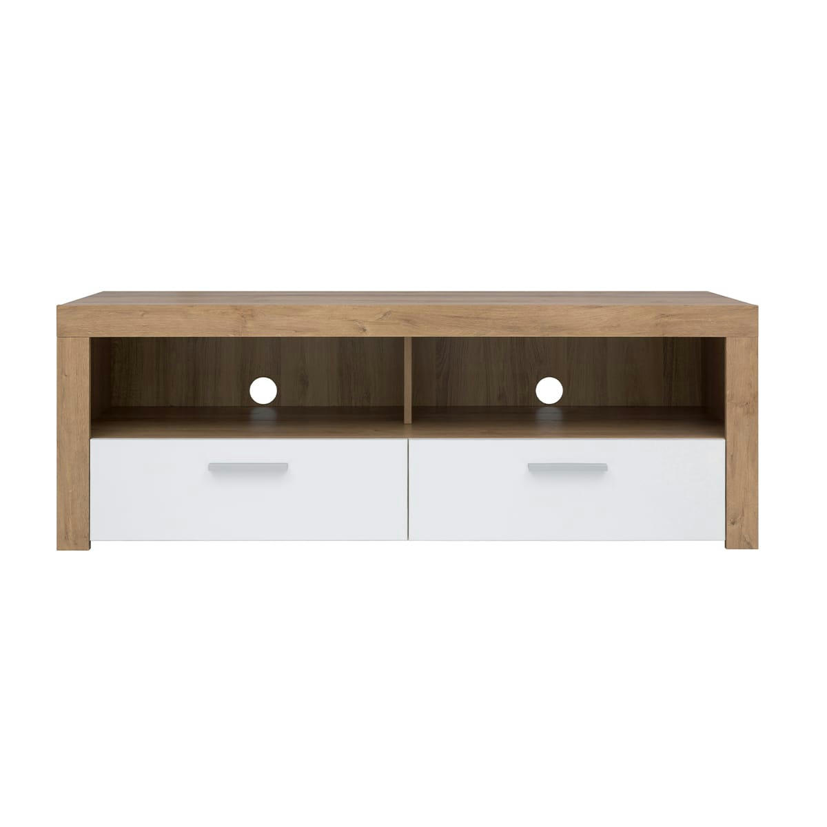 - Meuble tv 2 tiroirs 2 niches 135 cm blanc et naturel