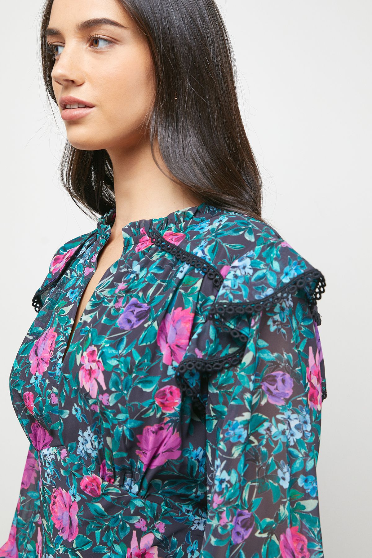 Oasis Printed Shirred Cuff Tea Midi Dress