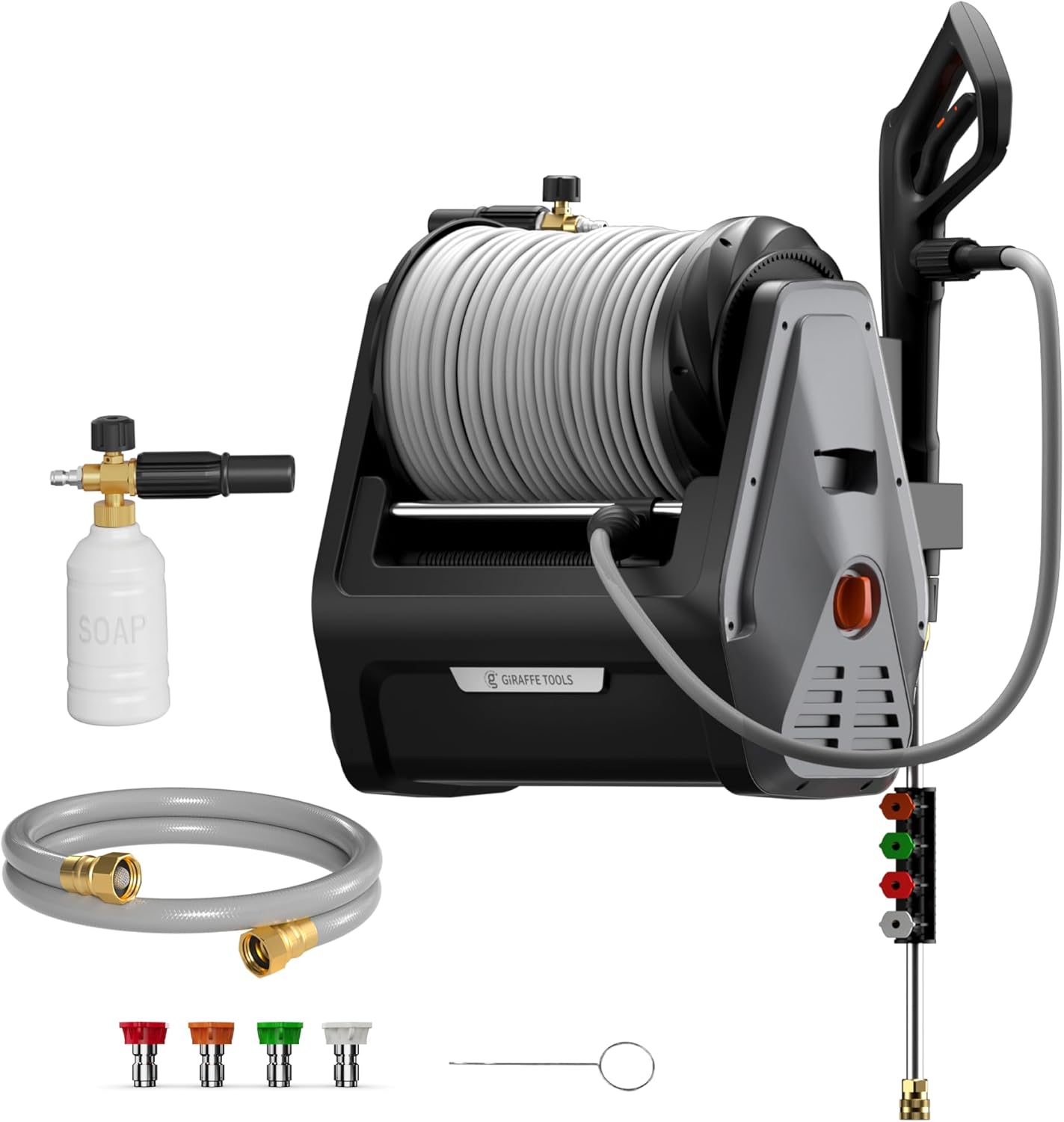 Giraffe Tools Grandfalls Retractable Wall Mount Pressure Washer Plus  Electric Power Washer with 100ft Pressure Hose  Max 2900PSI 2.2 GPM  Automatic Rewind  Any Length Lock  Dark Silver