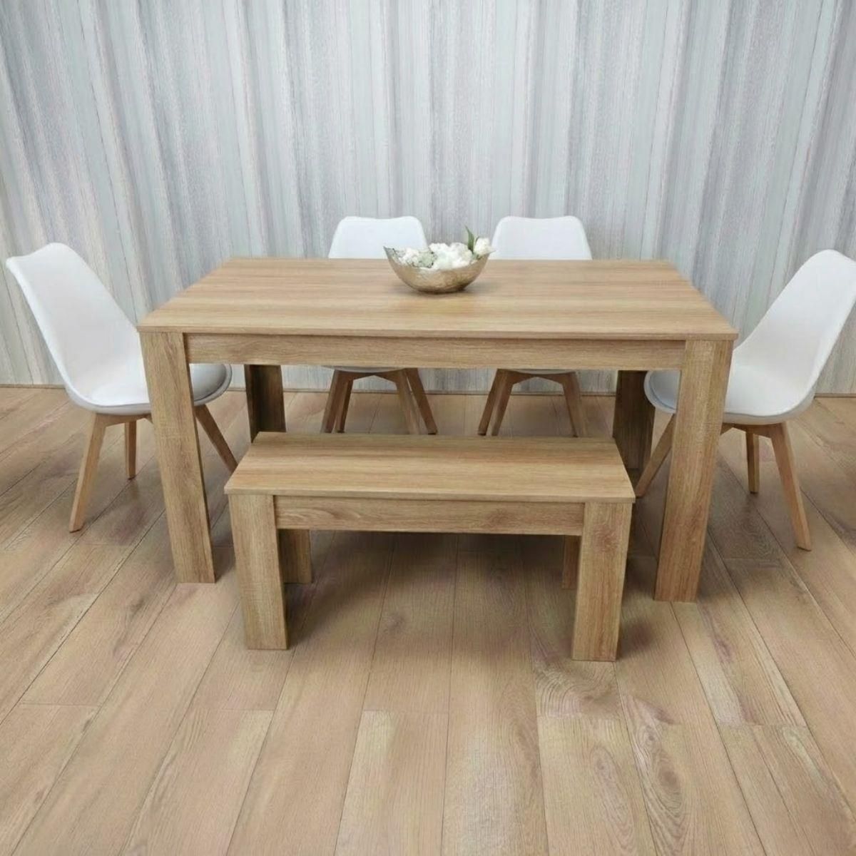 KOSY KOALA Dining Table Set Oak Effect Table With 4 White Plastic Chairs And Bench Dining Room Furniture