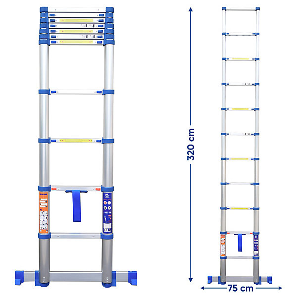 Echelle Télescopique 3,2M - Echelle Pliante, Escamotable, Fabriquée en Aluminium, Qualité Pro, Certification 150 kg, EN131