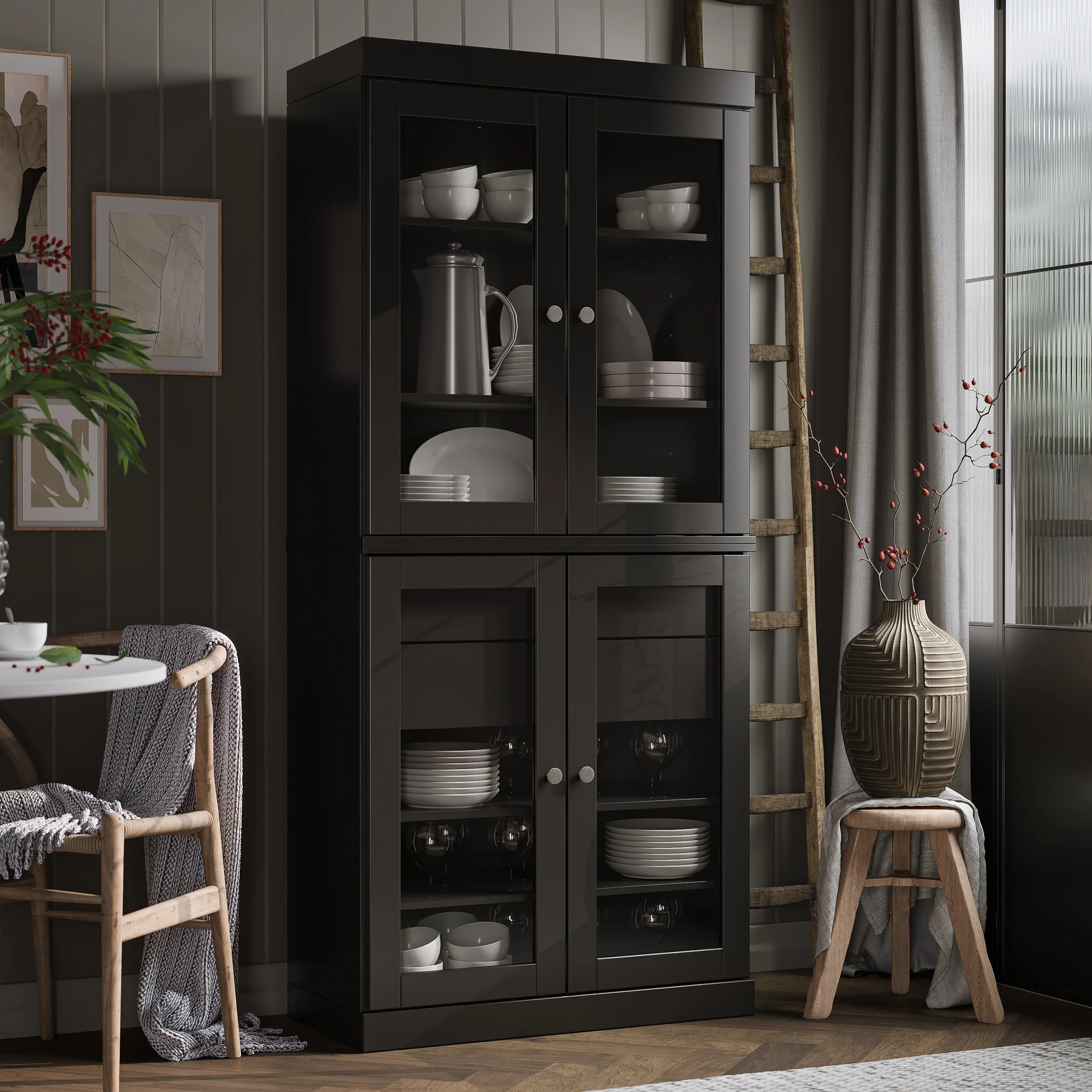 Palace Imports 100% Solid Wood Pantry Cabinet with Frosted, Clear Glass or Solid Doors, 2-Drawers and Adjustable Shelves