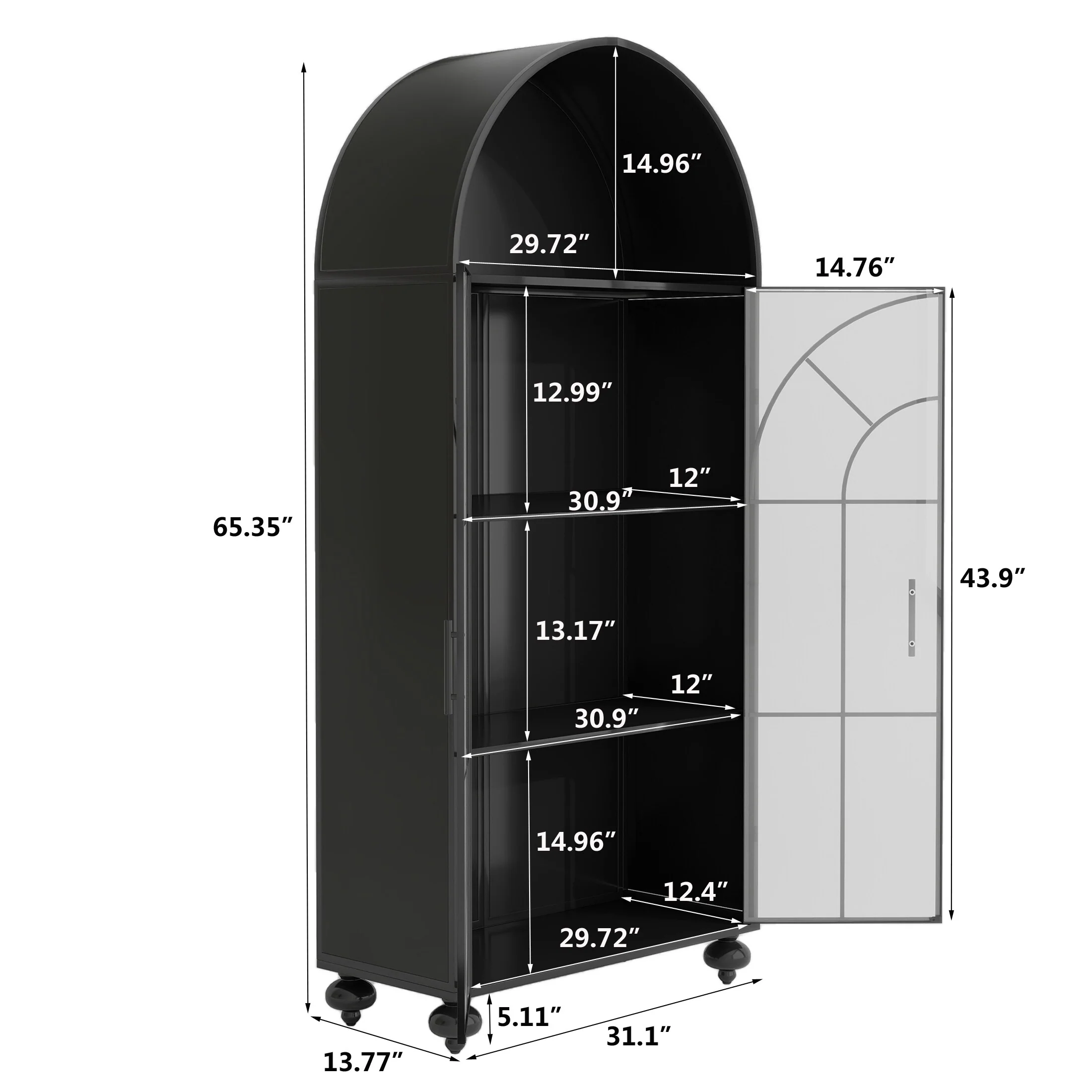 65.35 Tall Storage Cabinet with Glass Doors, Arched Showcase Display Cabinet, Farmhouse Style Curio Display Shelf