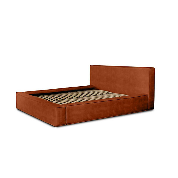 Lit coffre VELORATerracotta160x200 cmTissu velours douxSommier relevableRangement intégré