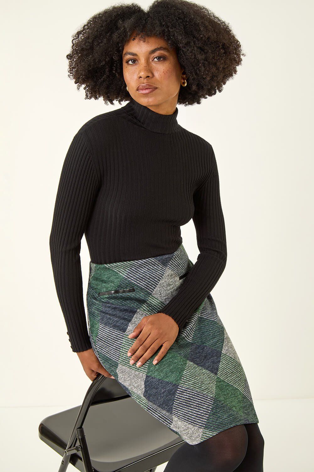 Roman Check Print Pocket Stretch A line Skirt