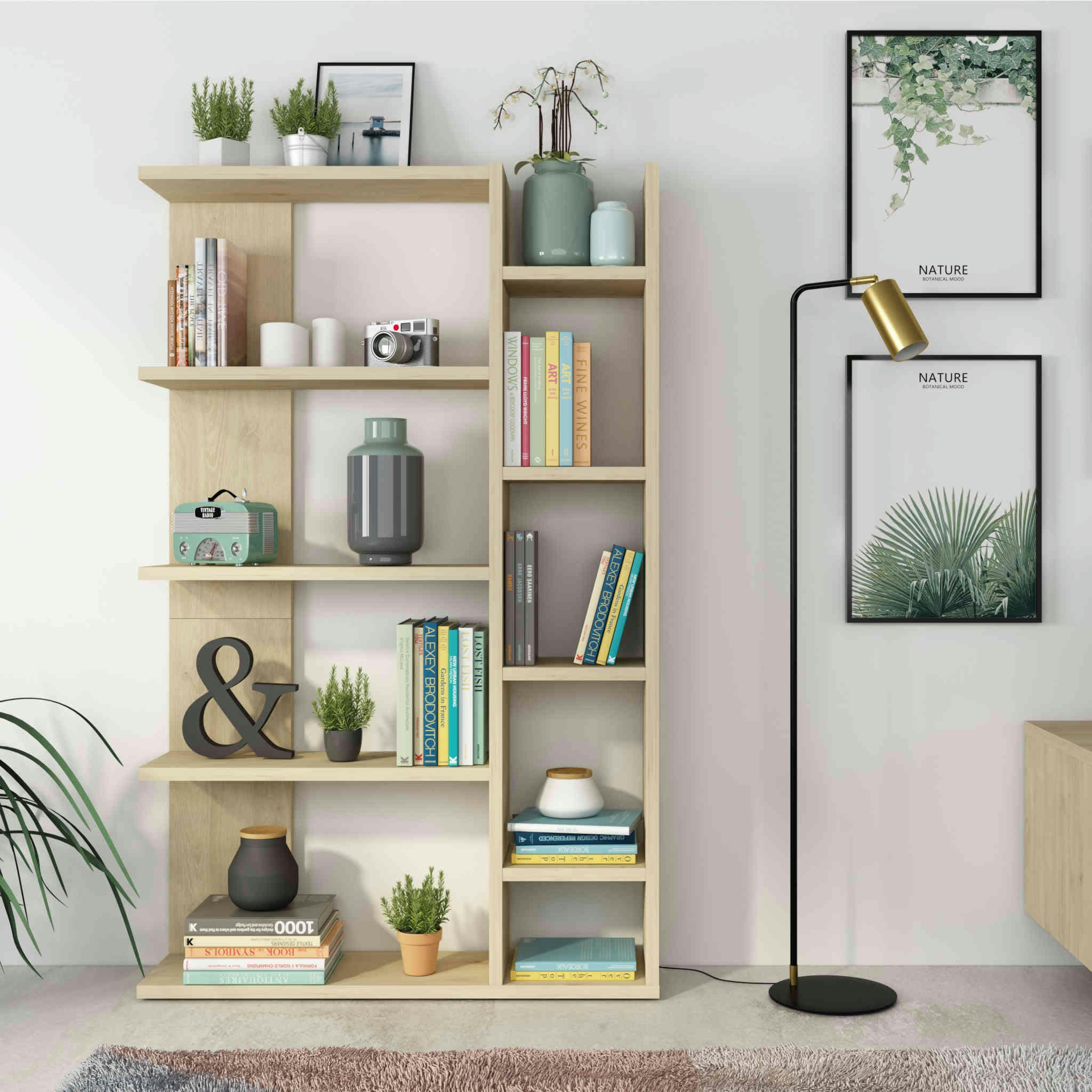 - Bibliothèque 6 étagères 4 cases bois clair