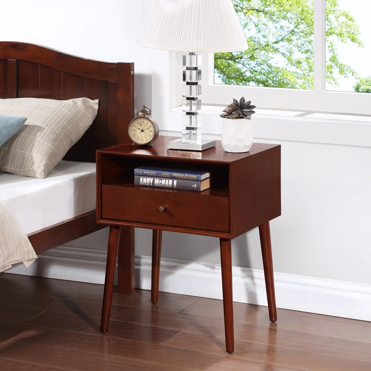 Bedside Table with Drawer & Open Shelf - Sturdy Wood Nightstand