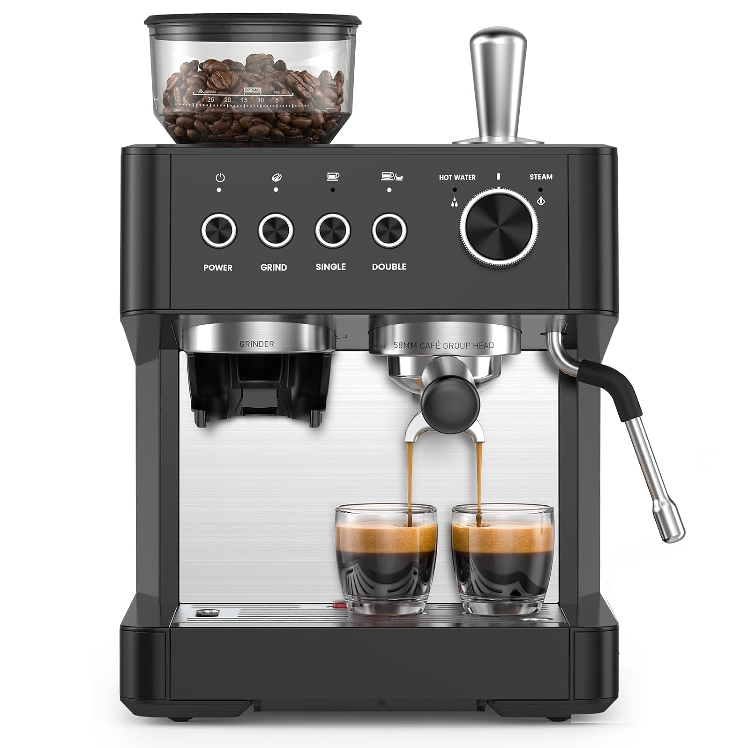 Kismile 20-Bar Espresso Coffee Machine with Built-in Grinder,Fast Heating System, Powerful Steam Wand for Silky Milk Foam, Large Removable Water Tank & Hot Water Function, Black