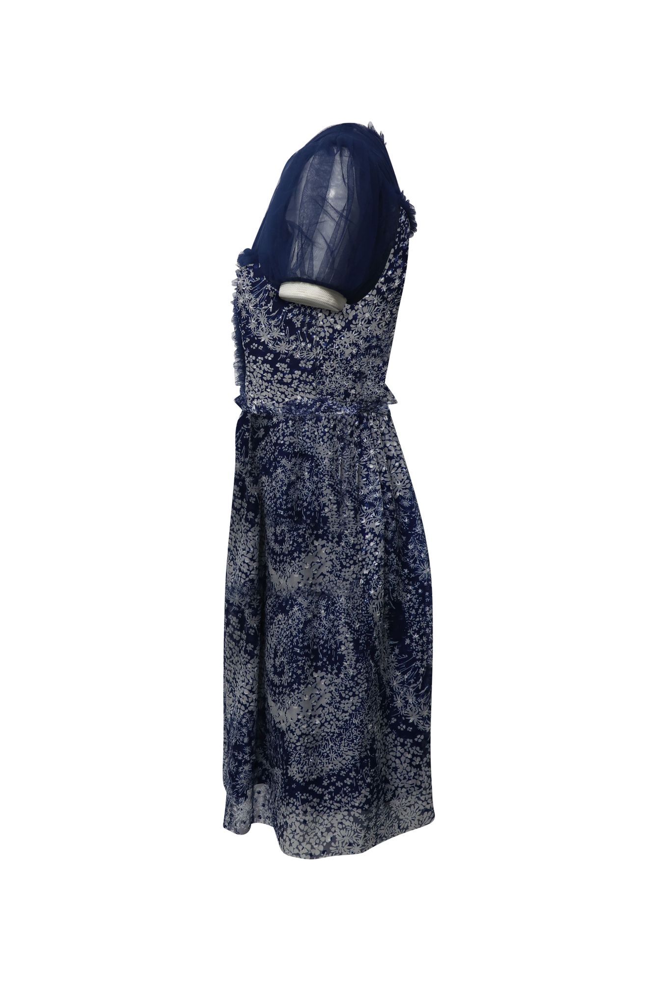 Rodarte Preloved Puff Sleeve Knee Length Printed Dress in Blue Silk