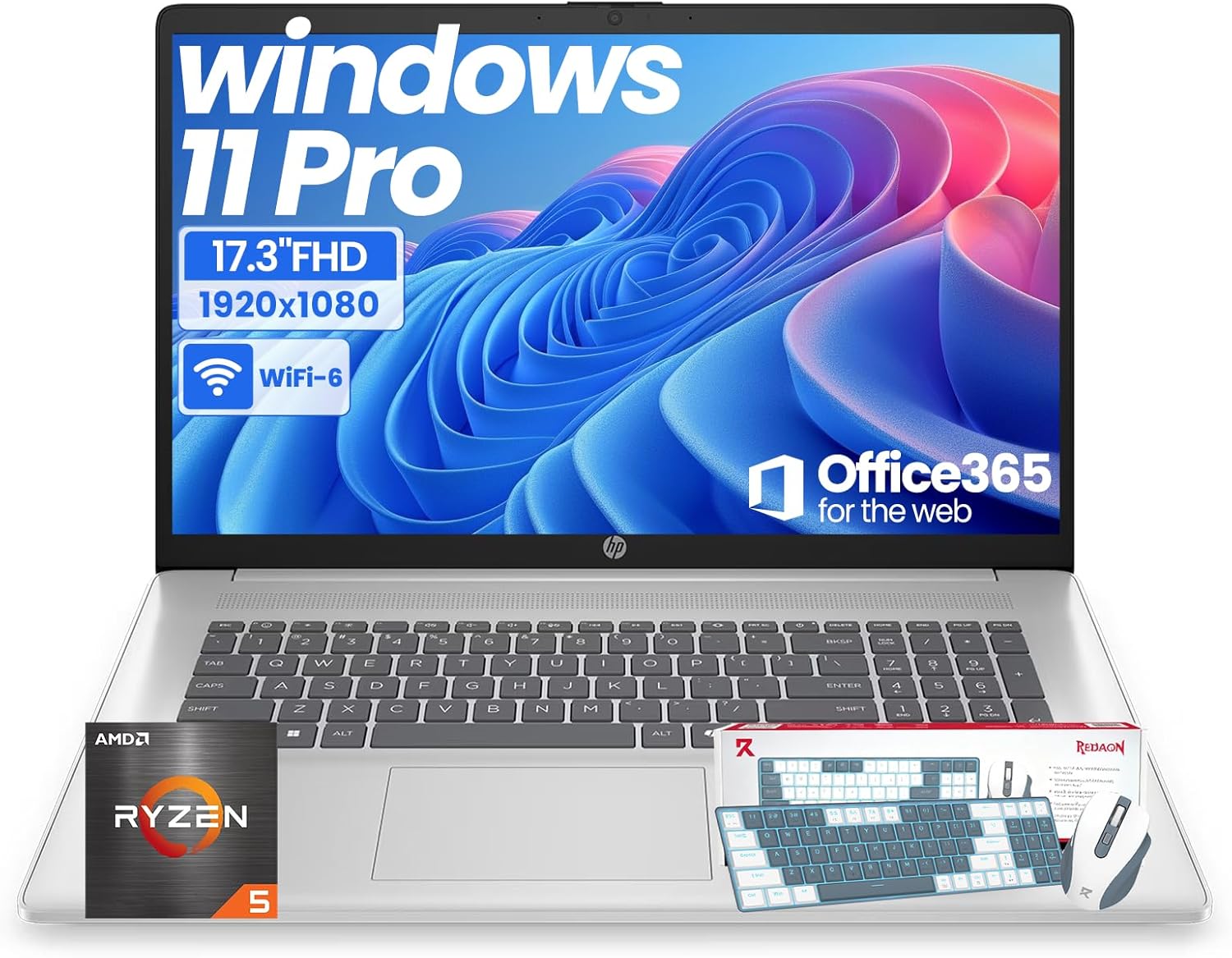 HP 17 Inch Laptop for Business, Office 365 for the Web, 20GB RAM & 512GB SSD, AMD Ryzen 5 7430U 6-Core Processor, FHD IPS Display, Windows 11 Pro, AI Copilot, Full Numeric KB