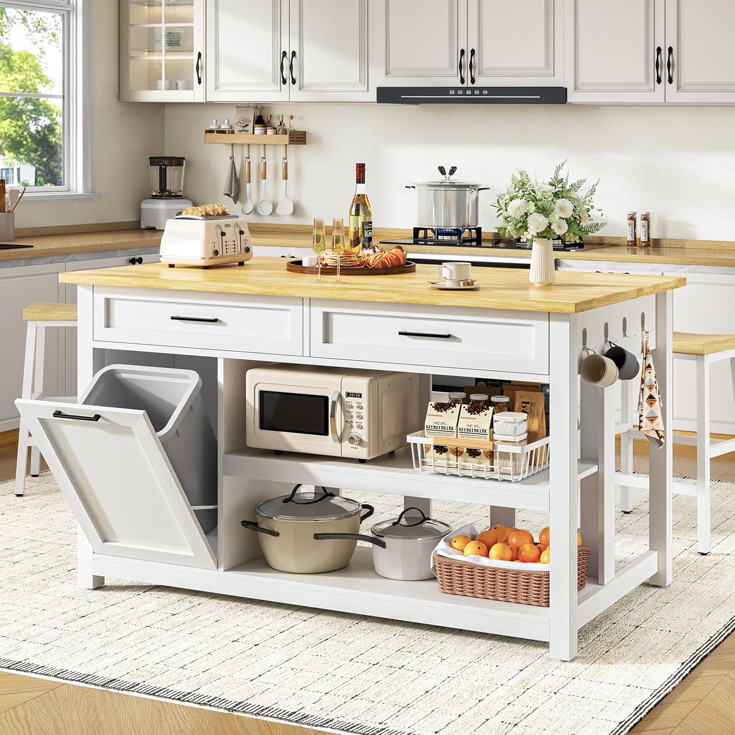 Kitchen Island with Storage and Seating Include 2 Bar Stools, 47 Solid Rubberwood Top Kitchen Island with Trash Can Storage, Power Outlet, 2 Drawers & Open Shelves Cabinet, Dining Table for 2, White