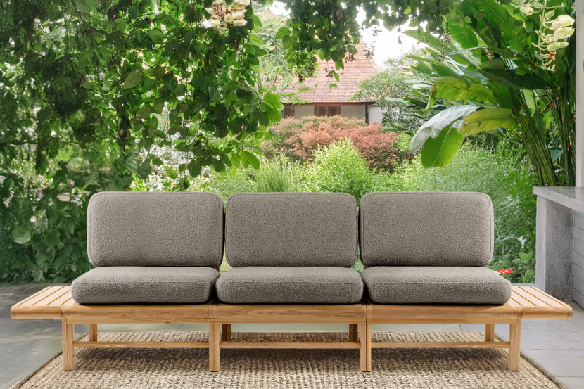 KONSIMO ATREDA Duża sofa do ogrodu z bocznymi stolikami, szara, boho