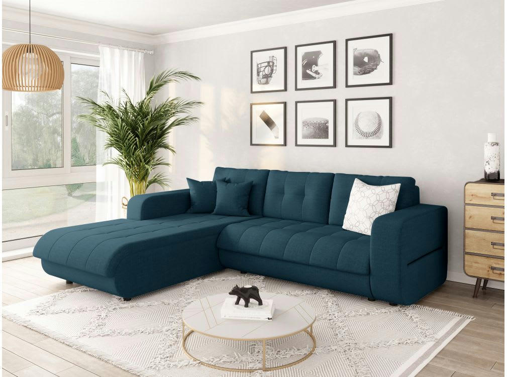 SUZIE - Canapé d'angle gauche convertible en tissu bleu pétrole