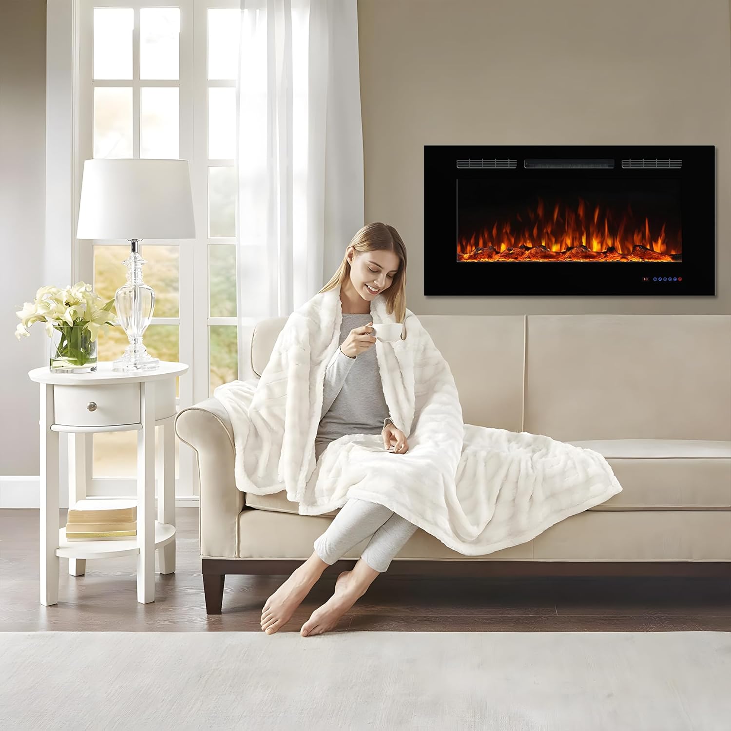 Electric Fireplace 40 inch Wide 26.5 High, Wall-Mounted & Recessed Fireplace Inserts, Multicolor Flame w/5 Dimmer, Remote Control Thermostat, Timer, Hardwire Connect, 1500W,Black