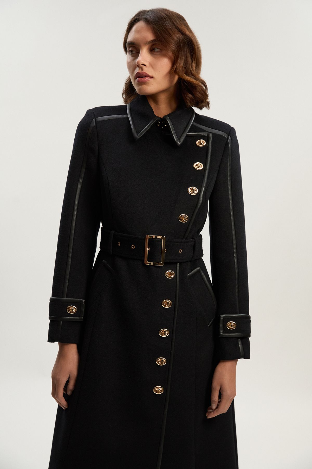 KarenMillen Brushed Wool Pu Mix Gold Trim Belted Midi Coat