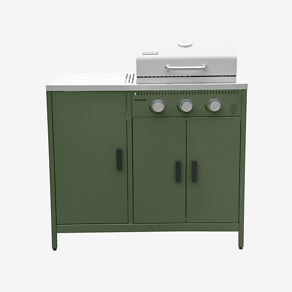 Barbecue gaz 3 brûleurs. vert. 3 portes et 2 espaces de rangement