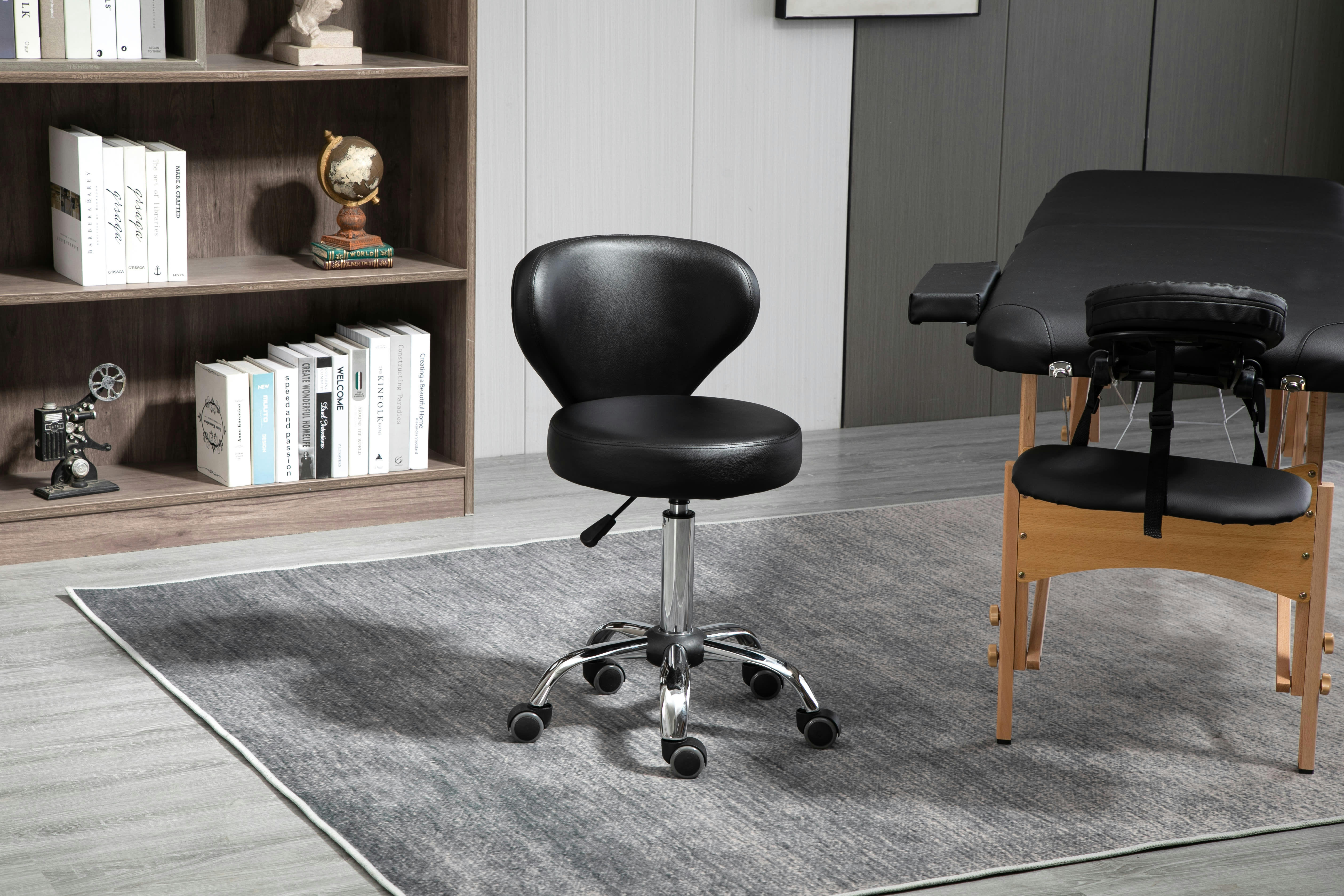 - Tabouret de massage réglable pivotant avec dossier métal chromé noir