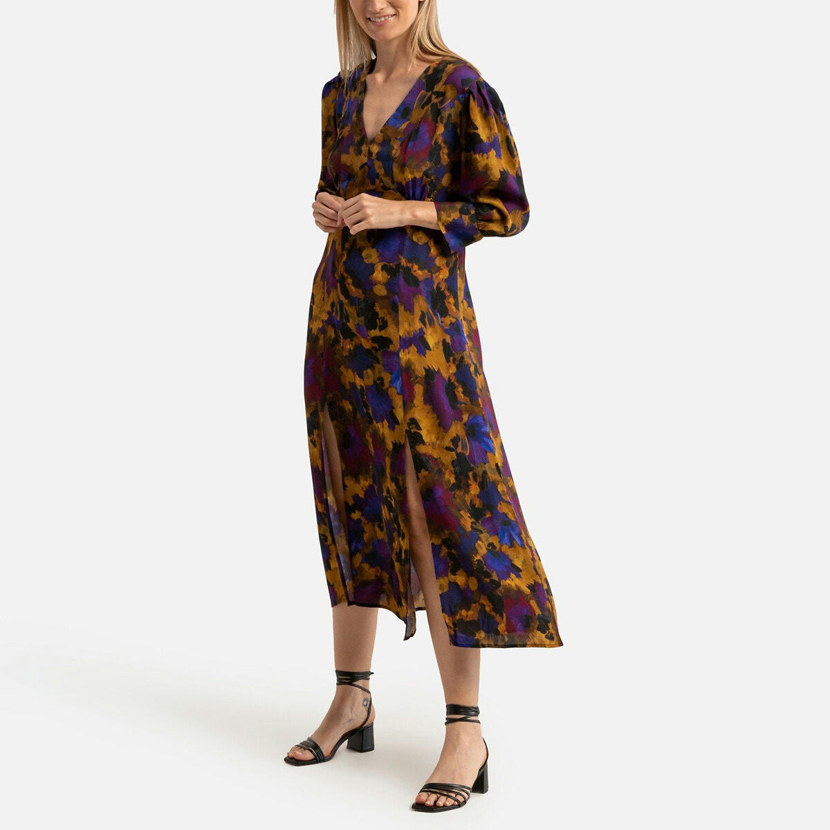 Robe longue fendue imprimée, manches 3/4