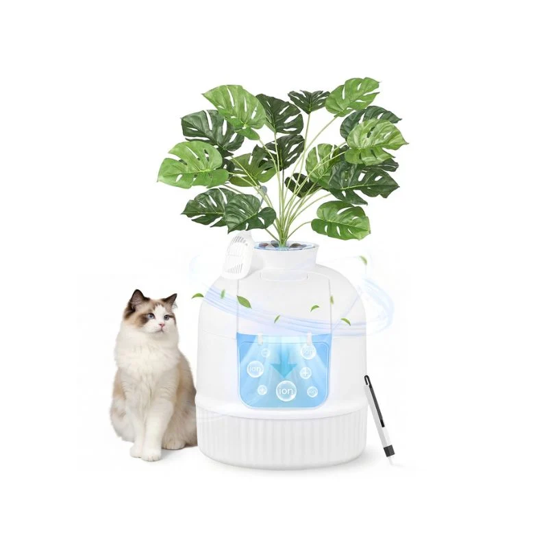 Meuble litière pour chat avec fausse plante et filtre anti-odeurs