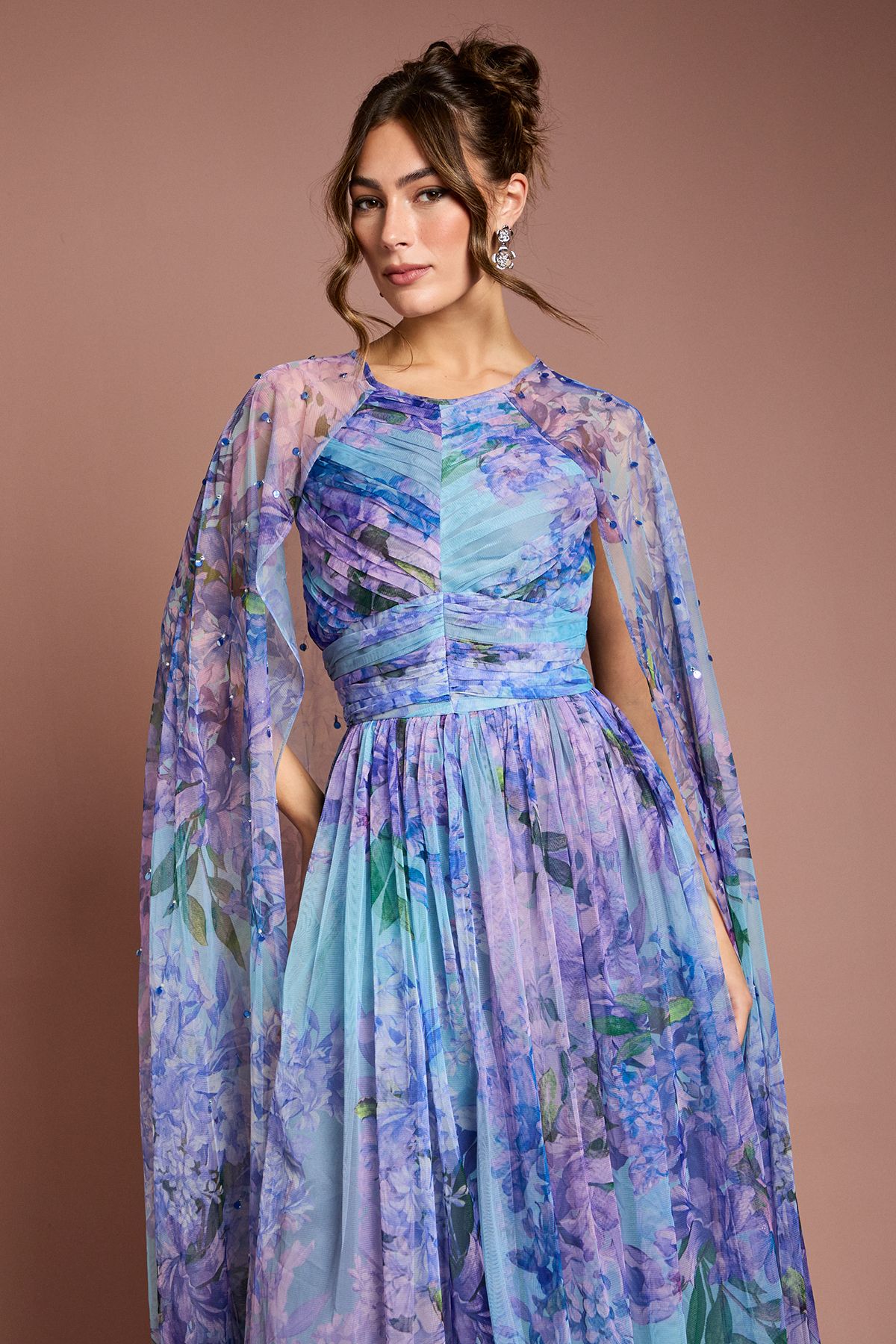 Coast Pleated Mesh Printed Cape Maxi dress With Gemstone