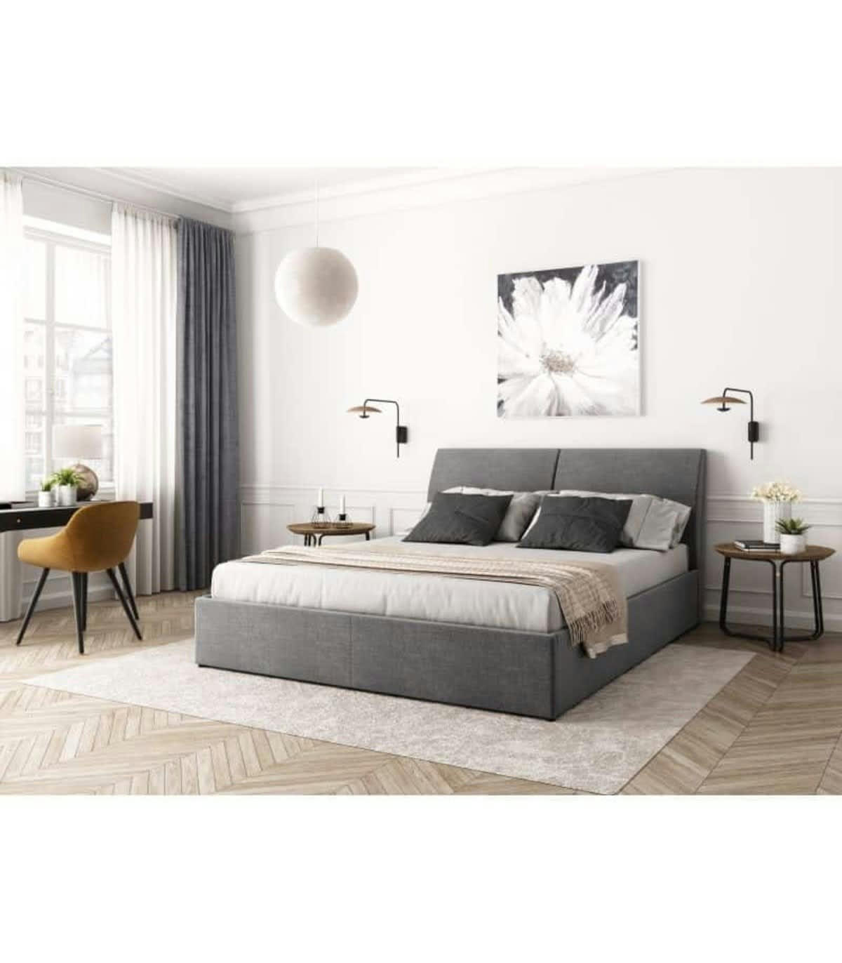 LIO - Lit avec coffre, tête de lit et sommier inclus en tissu - Gris