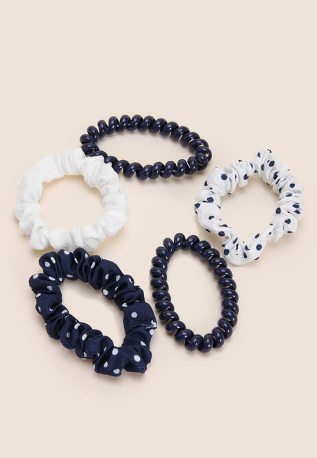 Girls 5pk Navy Spot Spiral Scrunchies