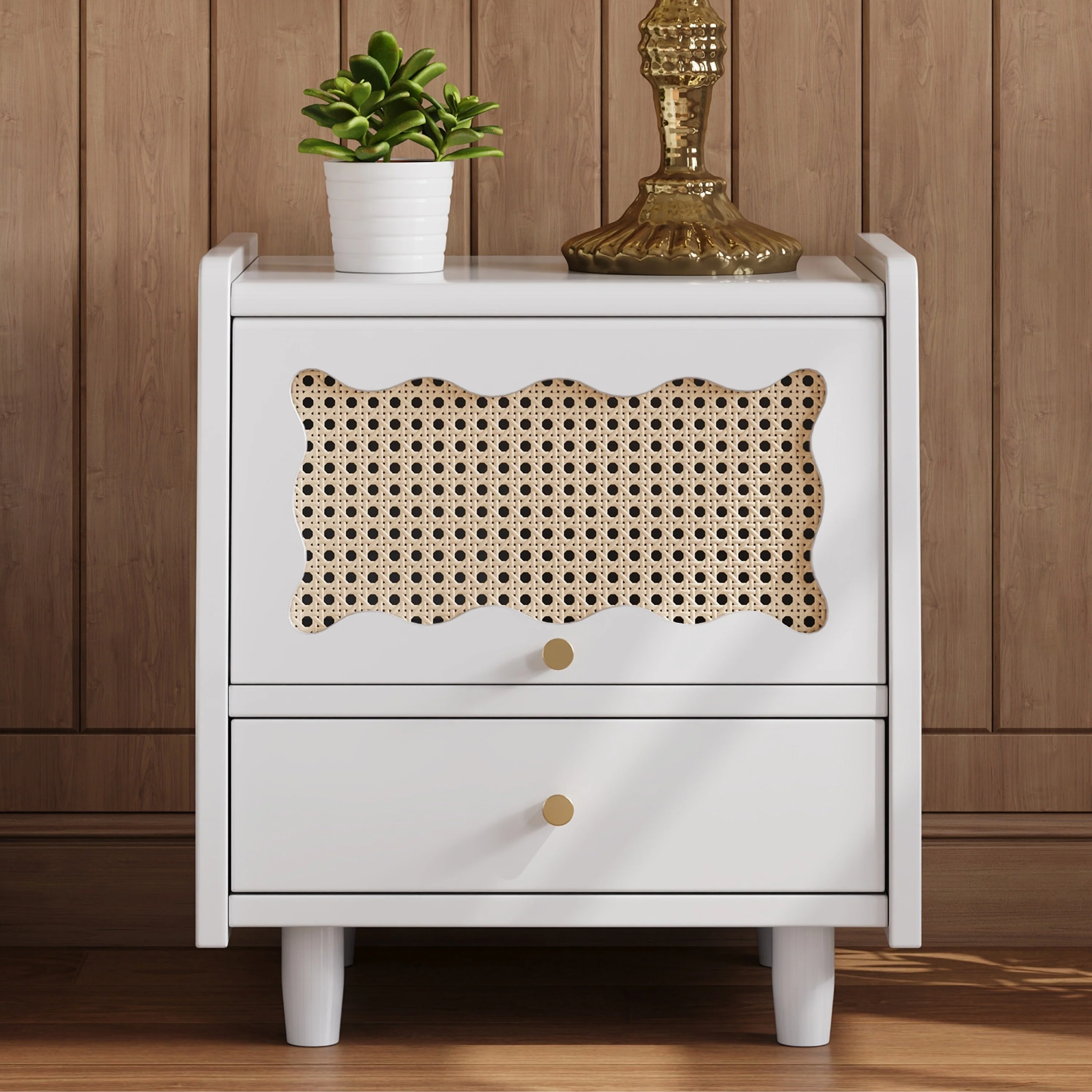 Wooden Nightstand with Flip-Top Cabinet and 1 Drawer, Vintage Bedside Tables with Rattan-Woven Storage Cabinet