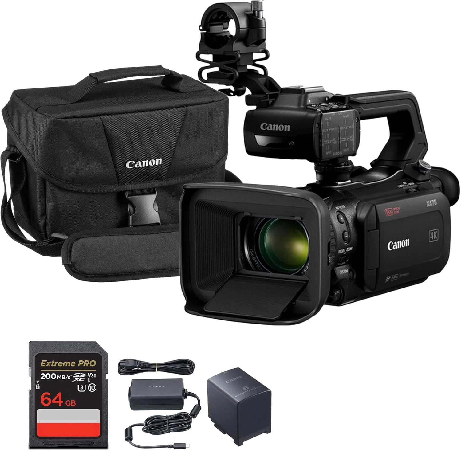 Canon XA75 Professional UHD 4K Camcorder with 15x Optical Zoom  1 CMOS Sensor  Dual XLR Audio  SDI & HDMI Outputs  Dual-Pixel AF  USB-C Livestreaming  5-Axis is Bundle