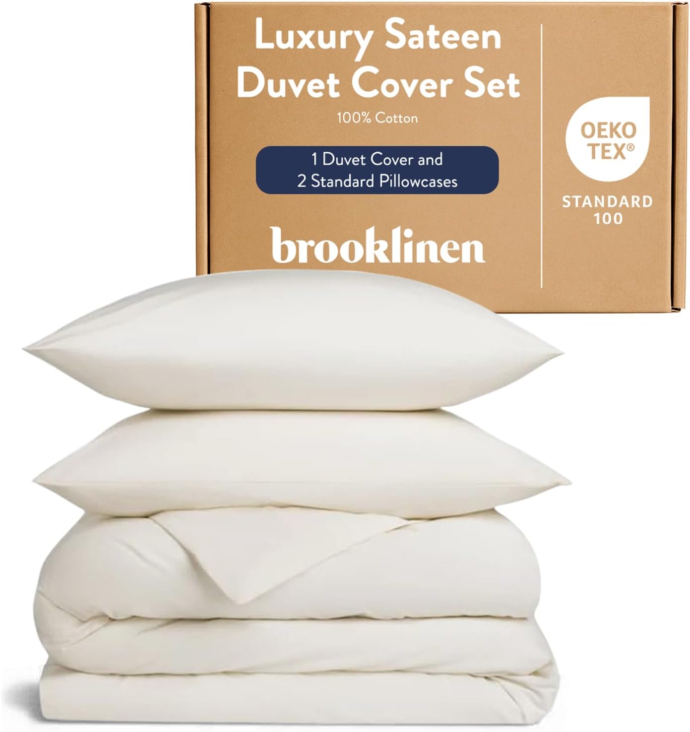 Brooklinen Luxury Sateen Duvet Cover Set - 100% Cotton, Full/Queen Size in Cream - Includes 1 Duvet Cover and 2 Standard Pillowcases - Best Full/Queen Duvet Covers