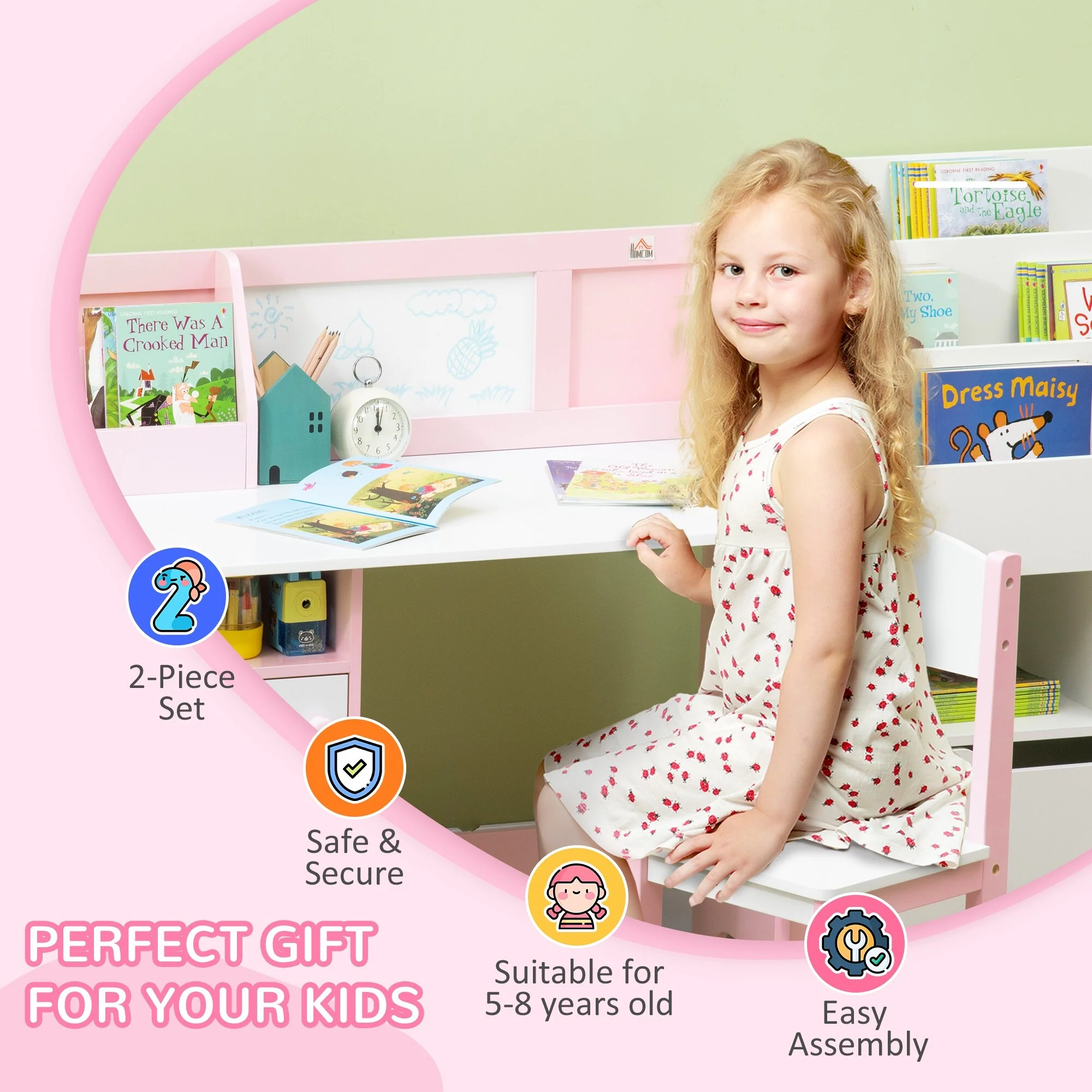 Toddler Desk and Chair Set, Kids Study Table with Whiteboard and Organizer, Perfect for Art and Homework