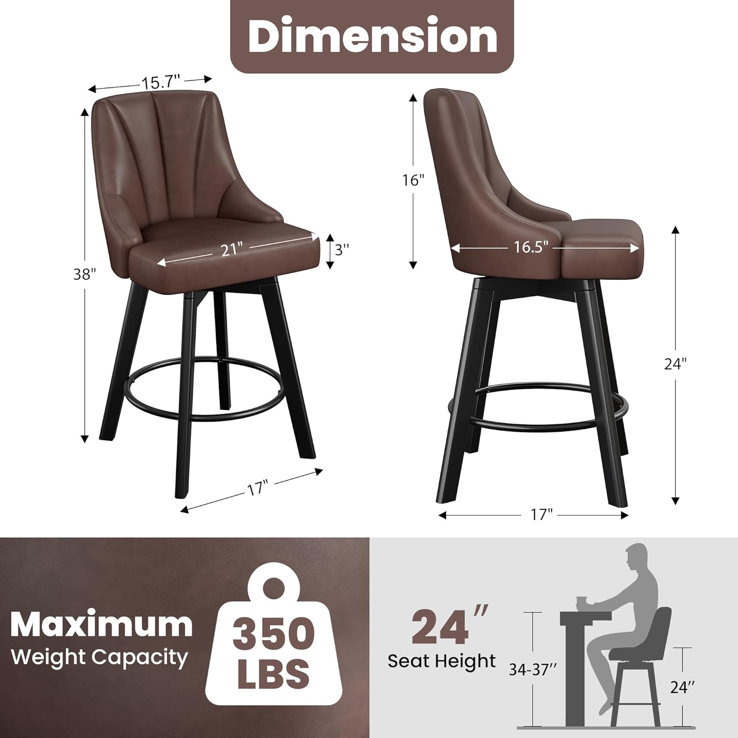 Swivel Bar Stools with Backs, 24 Counter Height Bar Stools Set of 2, PU Leather Upholstered Counter Barstools with Solid Wood Legs for Kitchen Island, Home Bar, Brown