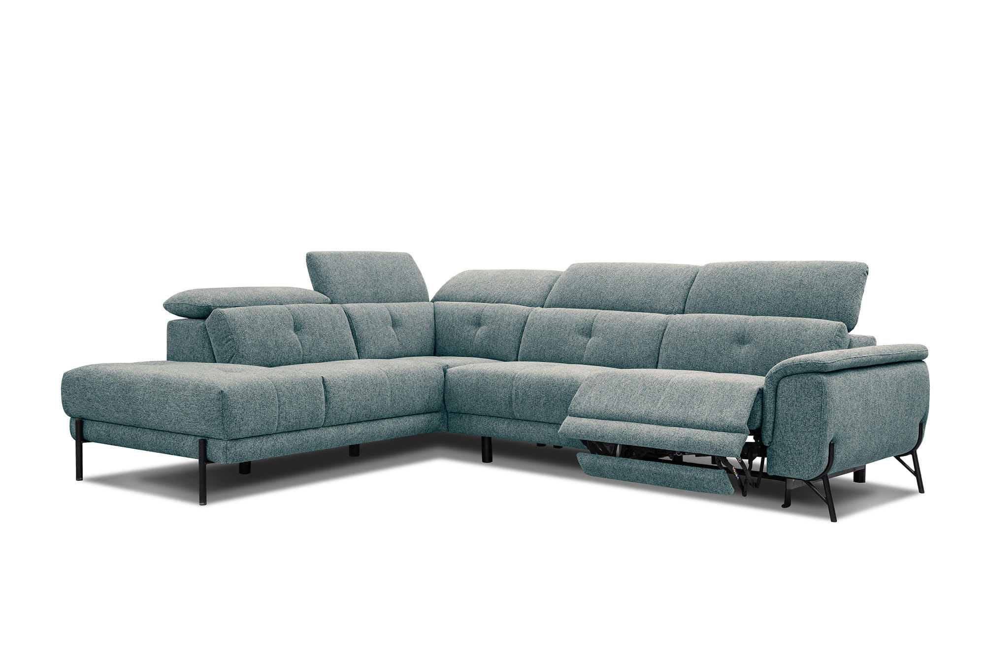 AVENA - Canapé d'angle gauche 5 places avec relax électrique tissu bleu clair