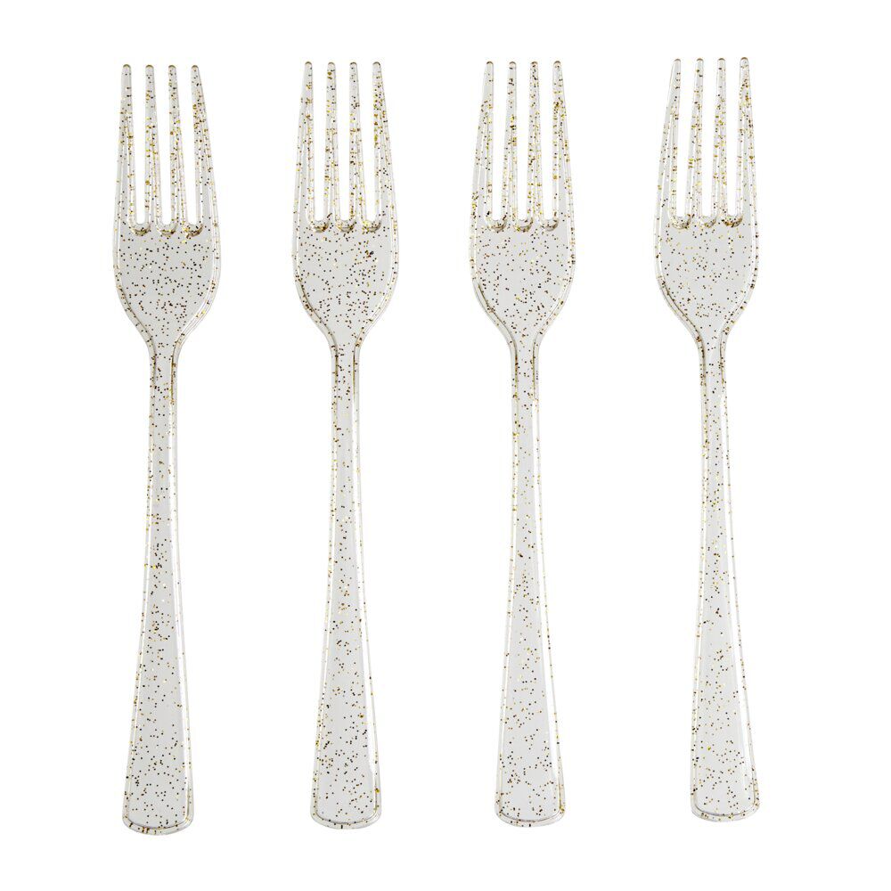 Fourchette plastique réutilisable x4 doré pailleté L17cm