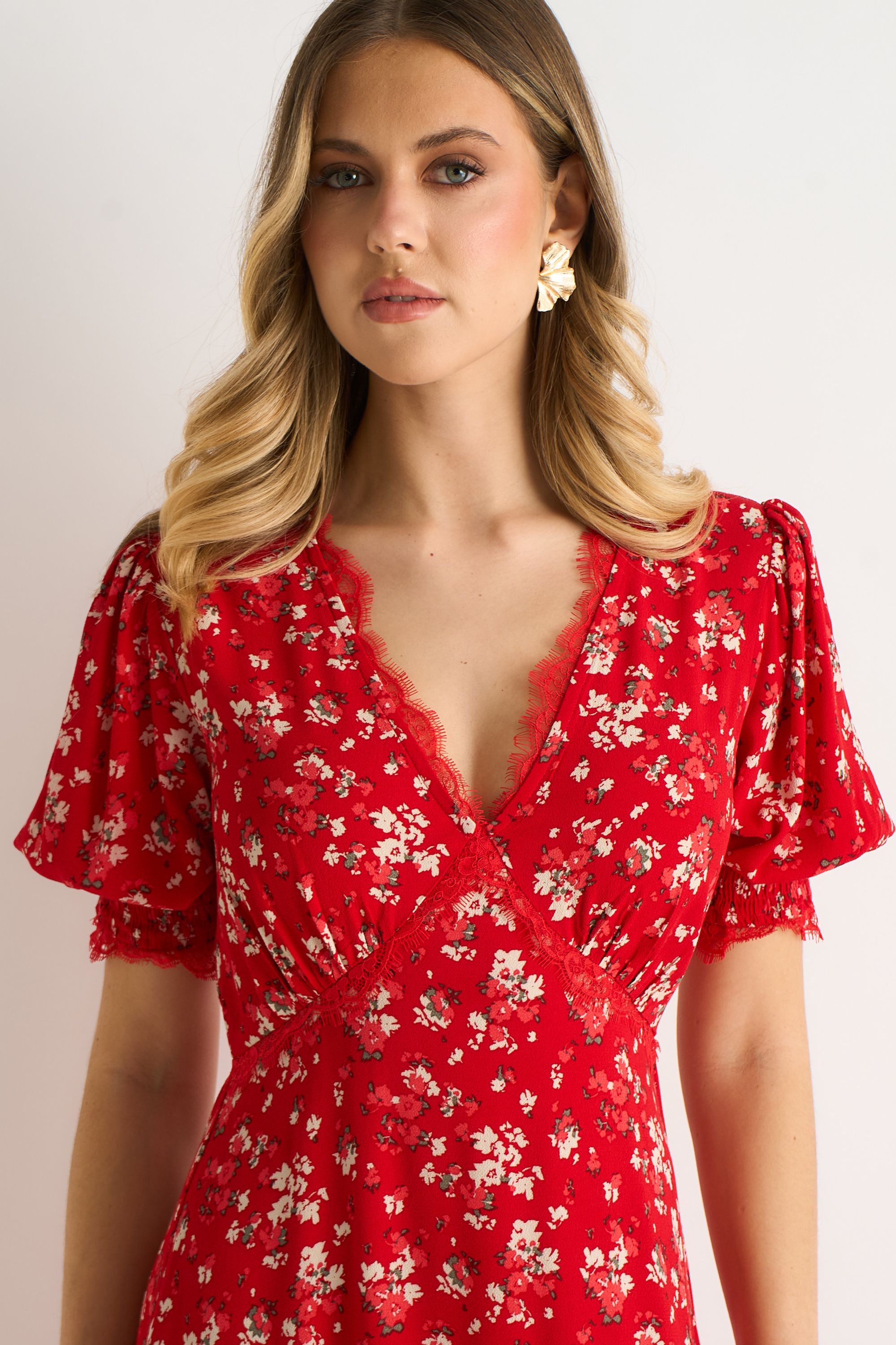 Gini London Red Viscose Lace Trim Midi Dress
