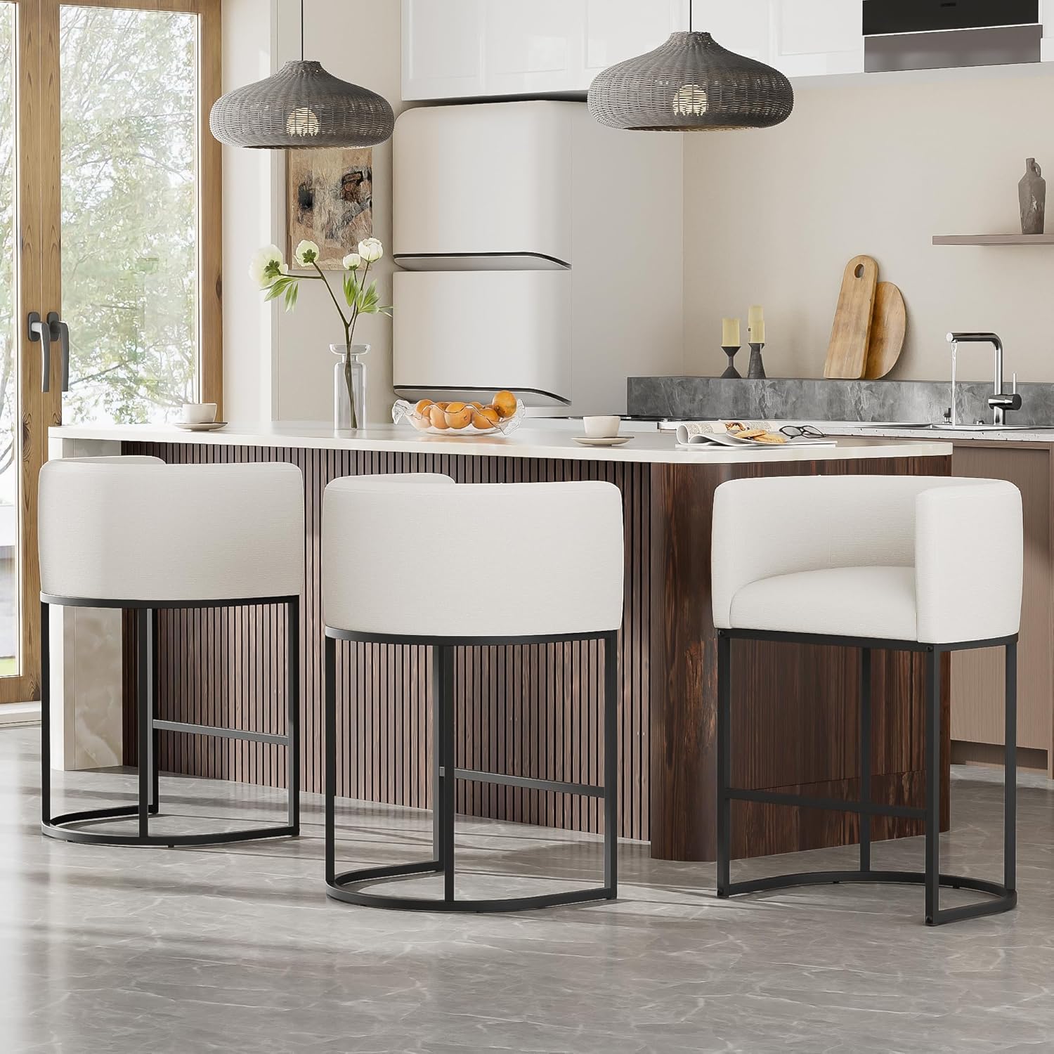 26 H Counter Height Bar Stools Set of 3, Modern Barrel Counter Stools with Backrest and Arms, Linen Fabric Upholstered Accent Barstools for Kitchen Island,Support 450 LBS (White)