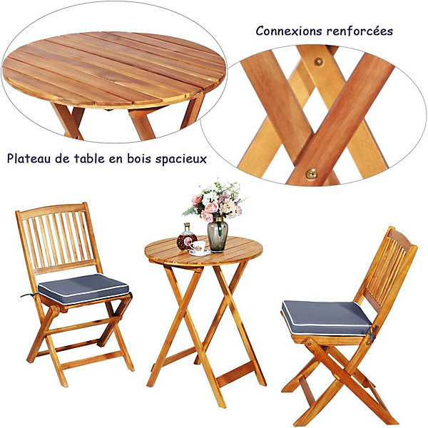 Ensemble de Table et Chaises en Bois Acacia 3 Pièces, Comprenant 1 Table et 2 Chaises Coussins Rembourrés