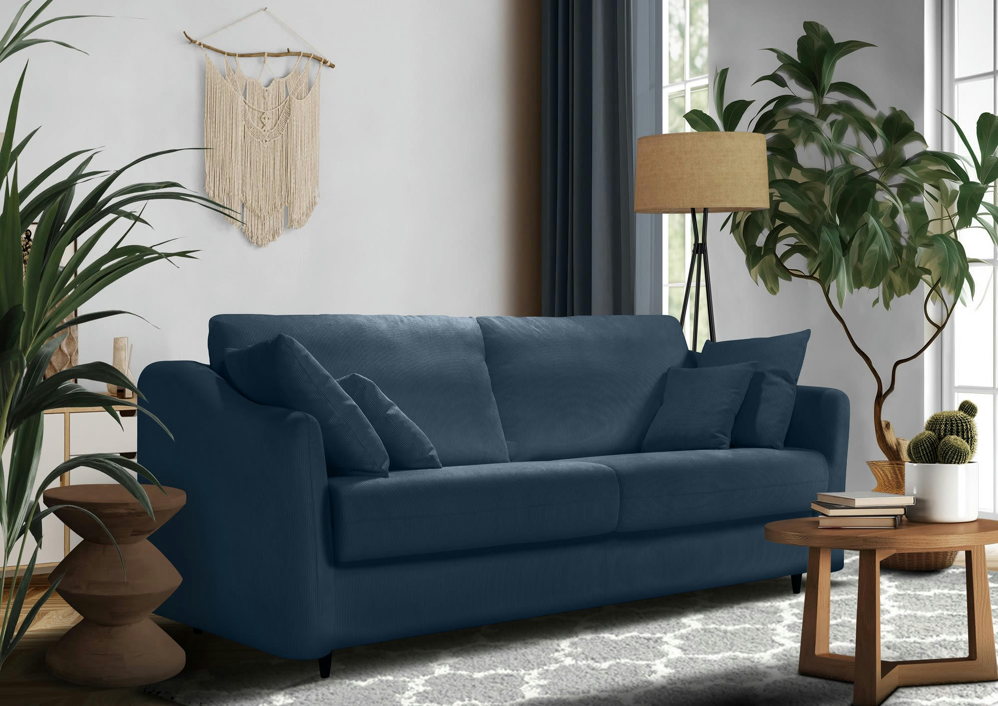 CAPELLA - Canapé droit convertible 3 places  en velours côtelé bleu foncé