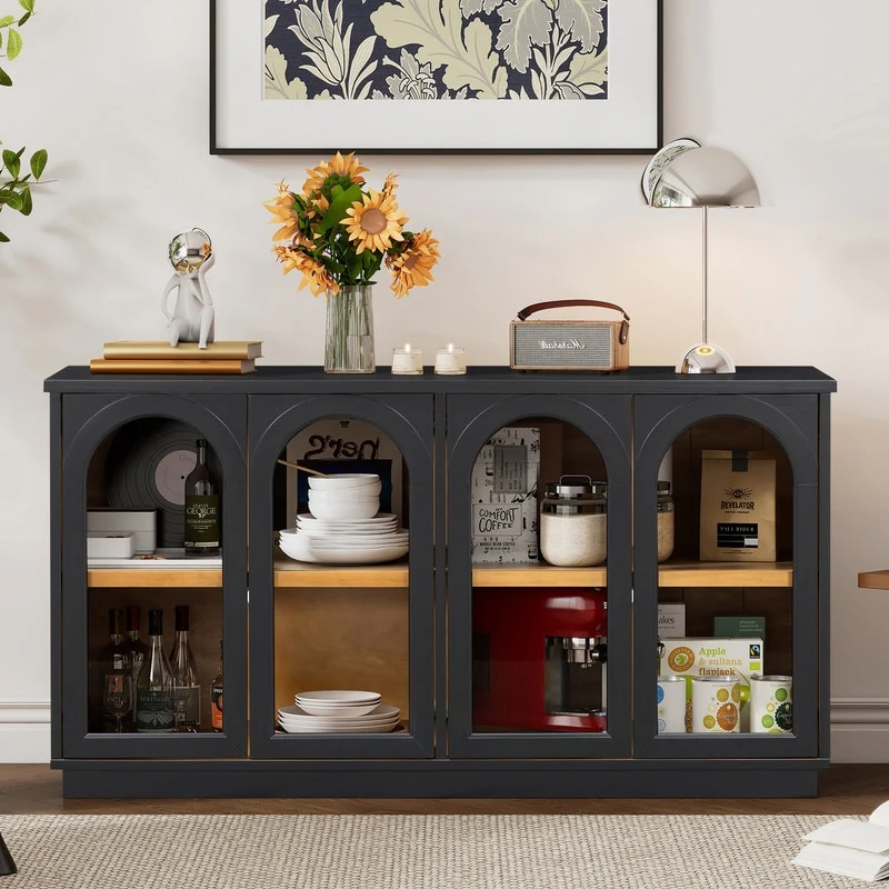 57.7 Large Sideboard Buffet Cabinet with Adjustable Shelves and Glass Doors for Kitchen and Dining Room