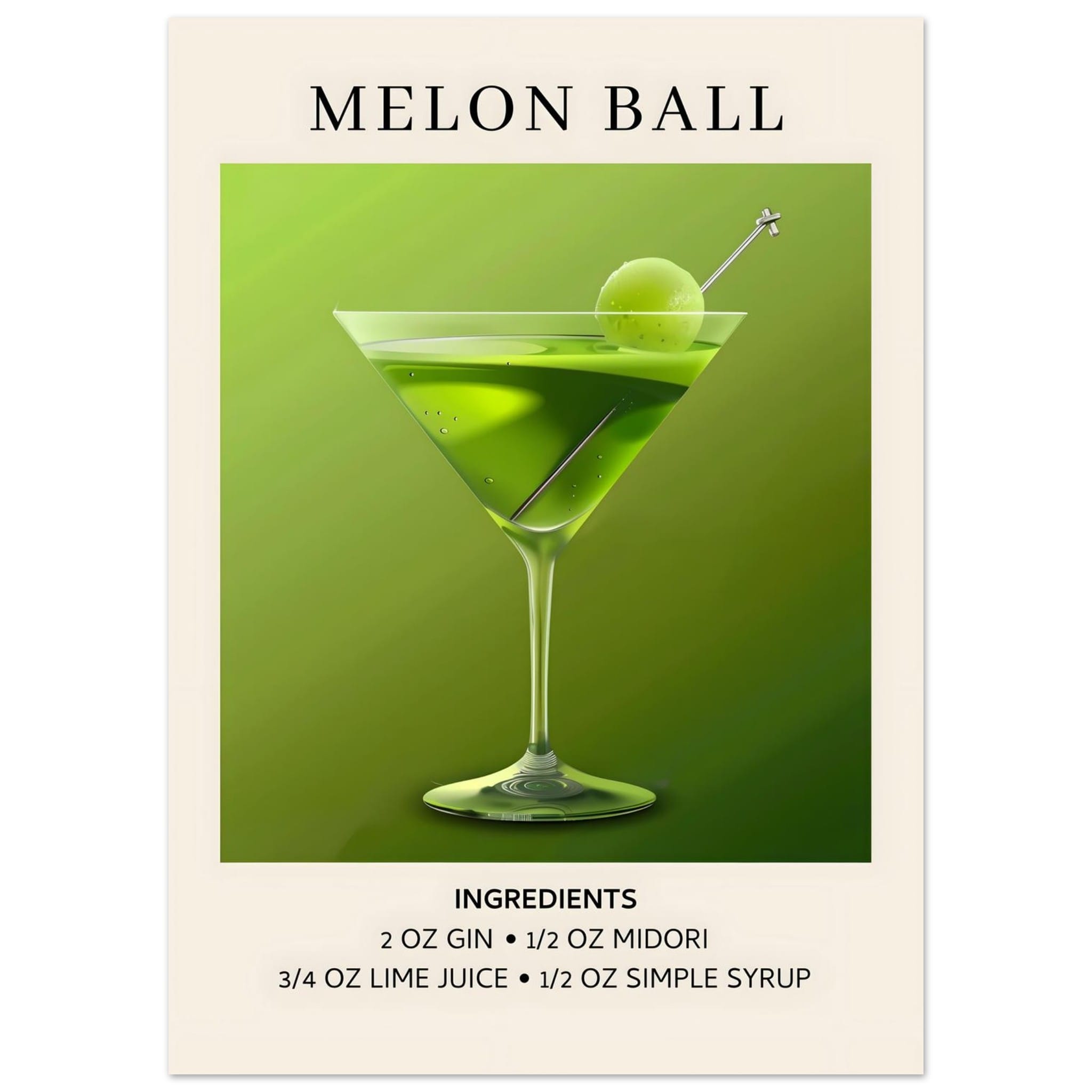 Artfulprints Poster Melon Ball cocktail - Ingrediënten  - 50x70 cm - Groen