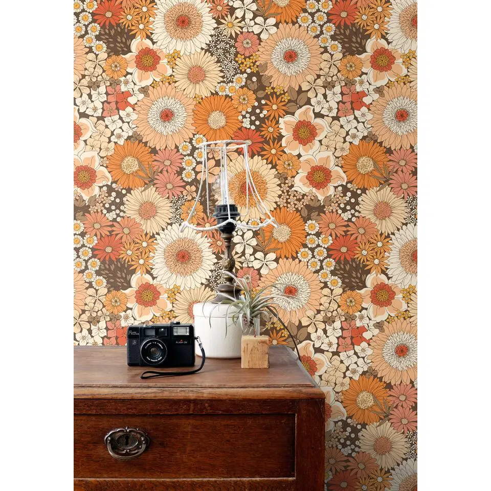 ESTAhome behang retro bloemen oranje en terracotta roze - 50 x 900 cm